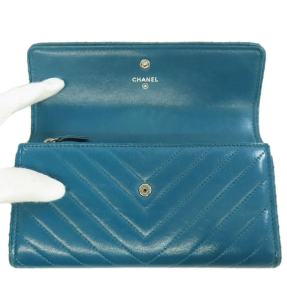 CHANEL Long Wallet Purse Calfskin blue Vstitch COCO Mark SilverMetal
