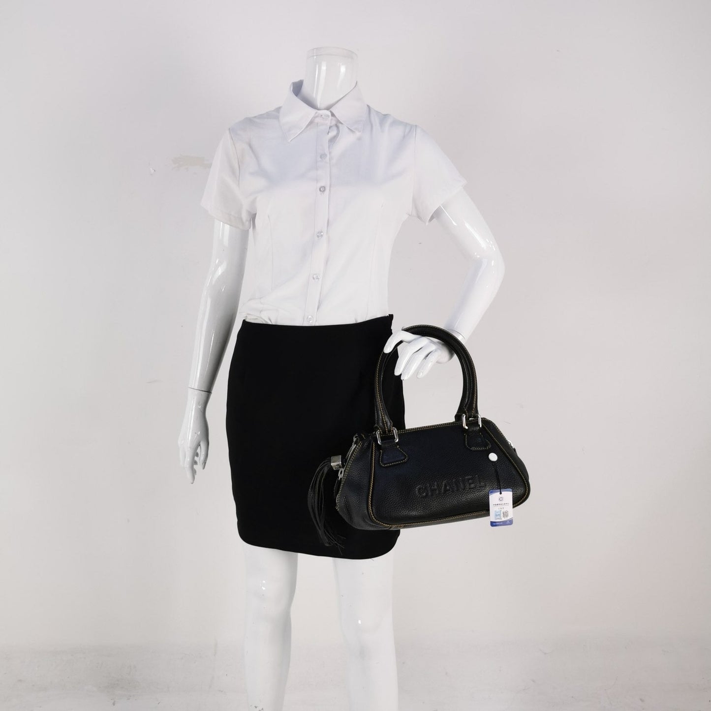 CHANEL Calfskin Leather Tassel Medium Black Bowler bag
