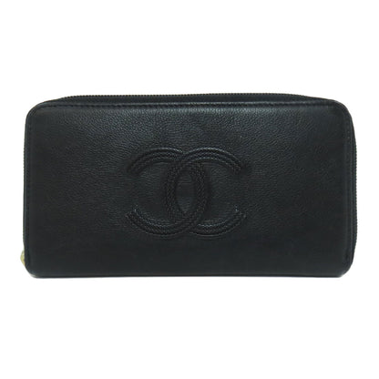 CHANEL Long Wallet Purse Calfskin black Zip Around COCO Mark Gold Metal