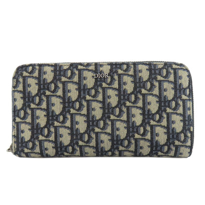 Christian Dior Long Wallet Purse canvas Navy Long Zip Wallet Oblique Trotter Pattern Women