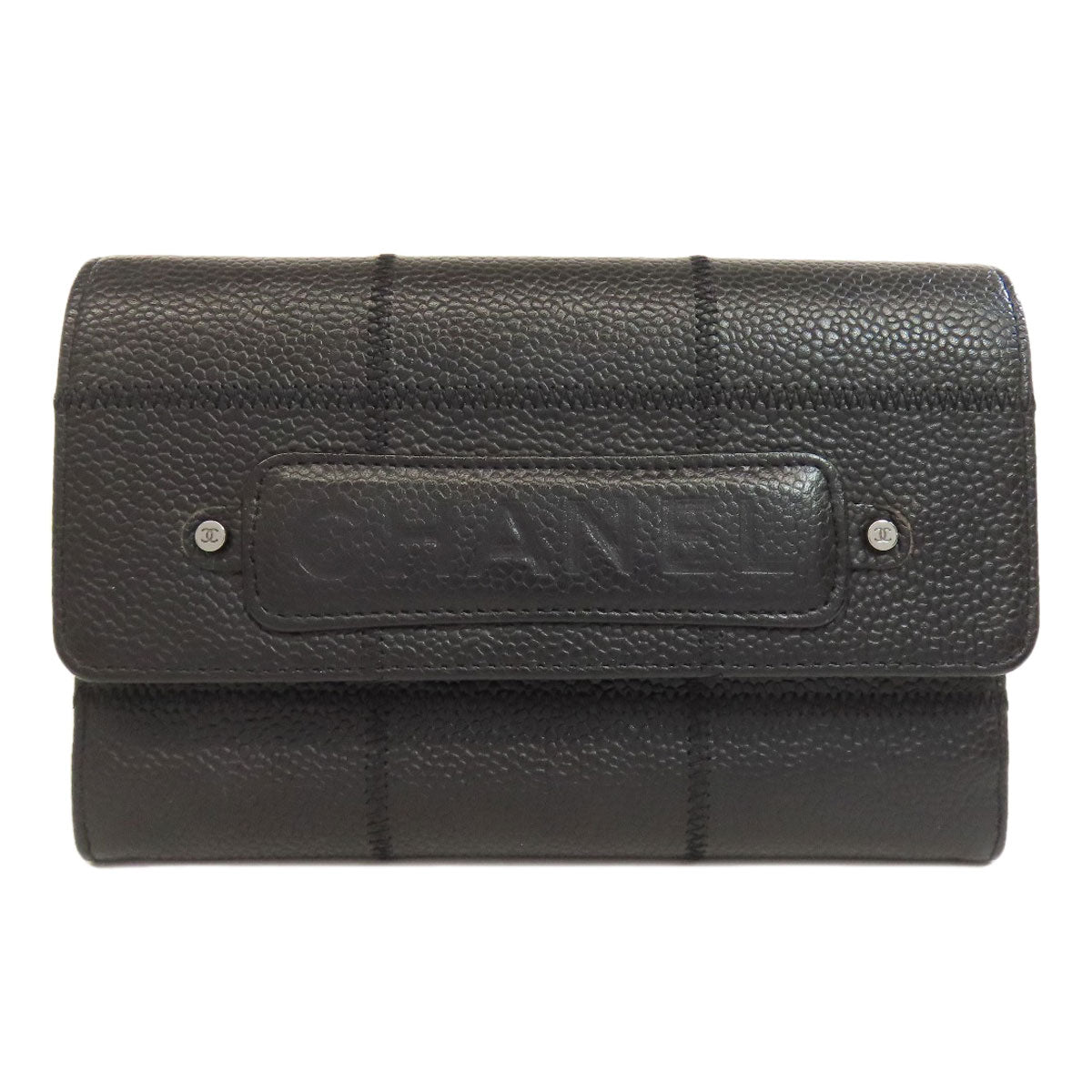 CHANEL Bifold Wallet Grained Calfskin Skin black Chocolate bar Silver Metal Women