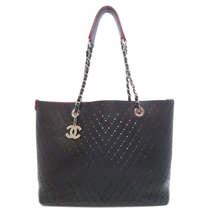 CHANEL Tote Bag Grained Calfskin Skin black Chain Tote Punching Silver Metal