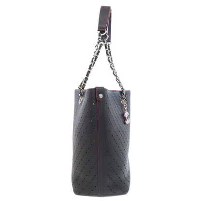 CHANEL Tote Bag Grained Calfskin Skin black Chain Tote Punching Silver Metal