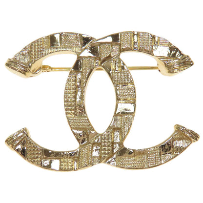 CHANEL Brooch metallic gold Tweed Pattern COCO Mark Women