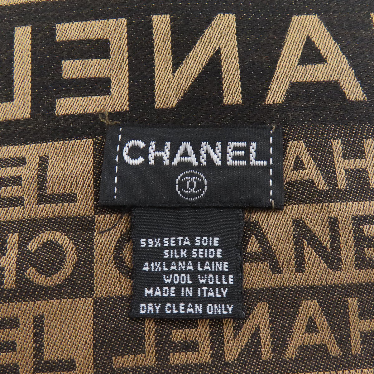 CHANEL Scarf Silk, Wool Brown Logo all-over pattern Women