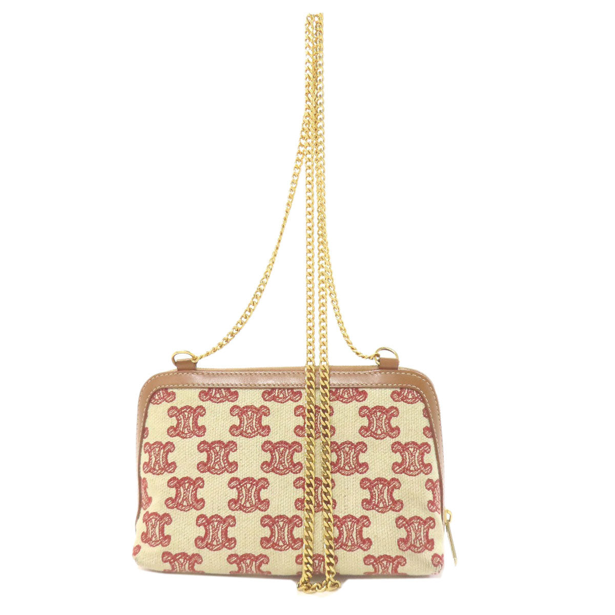 CELINE Shoulder Bag canvas Brown Triomphe Clutch with Chain