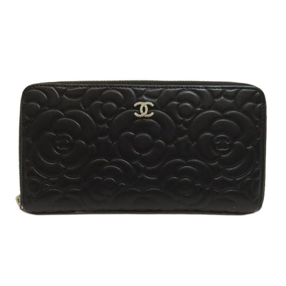CHANEL Long Wallet Purse Calfskin black Camellia SilverMetal Women