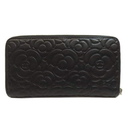 CHANEL Long Wallet Purse Calfskin black Camellia SilverMetal Women