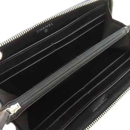 CHANEL Long Wallet Purse Calfskin black Camellia SilverMetal Women