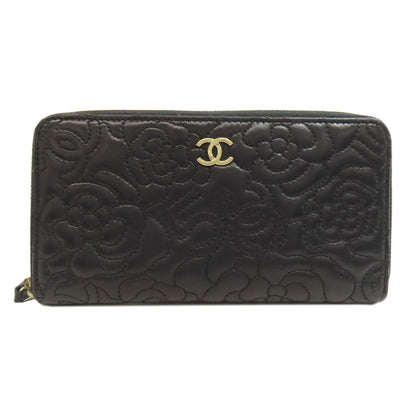 CHANEL Long Wallet Purse lambskin black Camellia Gold Metal Women