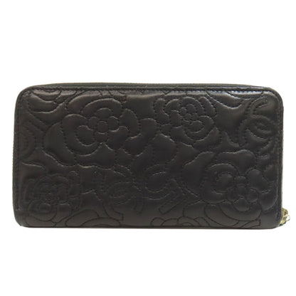 CHANEL Long Wallet Purse lambskin black Camellia Gold Metal Women
