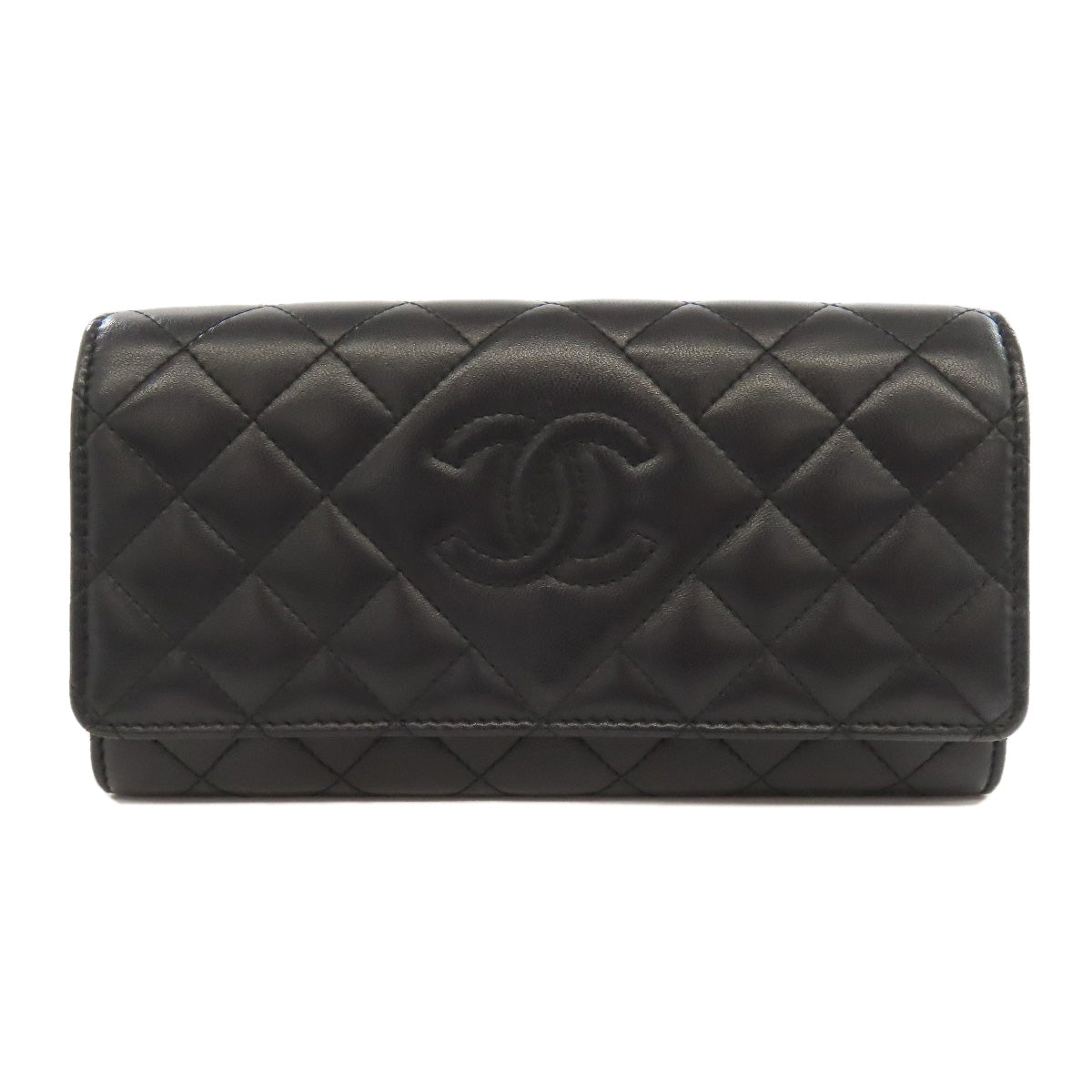 CHANEL Long Wallet Purse lambskin black Matelasse SilverMetal Women