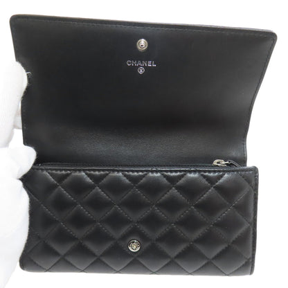 CHANEL Long Wallet Purse lambskin black Matelasse SilverMetal Women