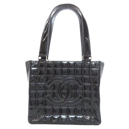 CHANEL Tote Bag enamel black Chocolate bar Silver Metal Women