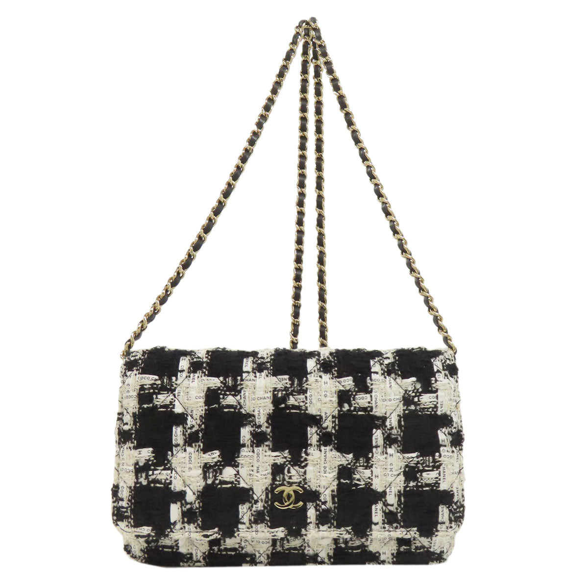 CHANEL Long Wallet Purse Tweed black Chain Wallet COCO Mark Gold Metal
