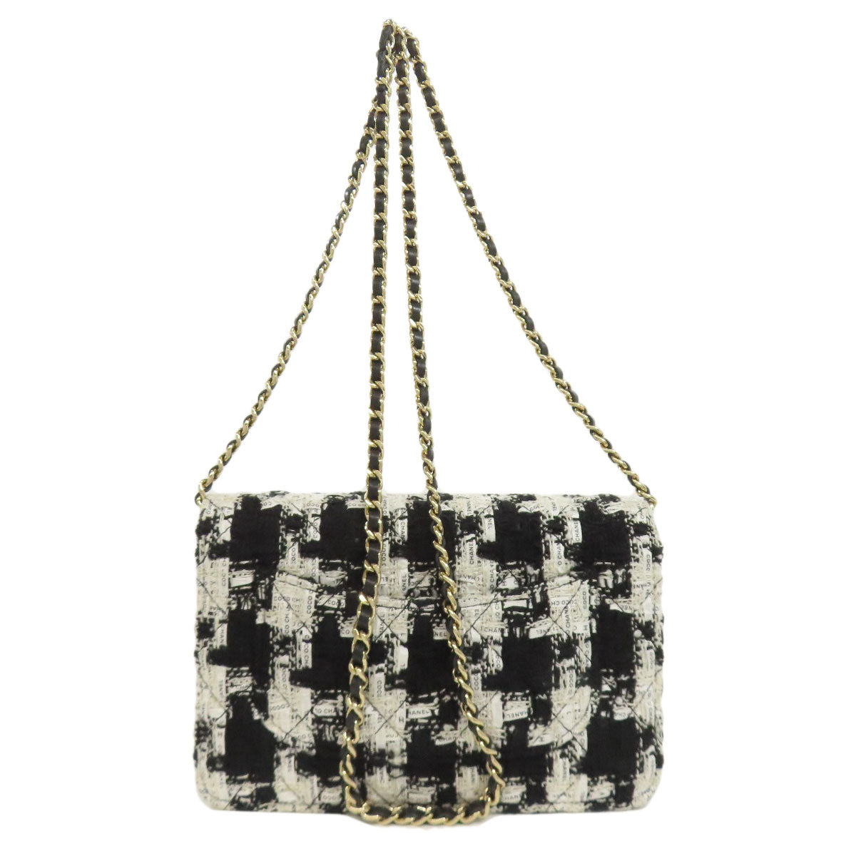 CHANEL Long Wallet Purse Tweed black Chain Wallet COCO Mark Gold Metal