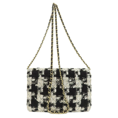 CHANEL Long Wallet Purse Tweed black Chain Wallet COCO Mark Gold Metal