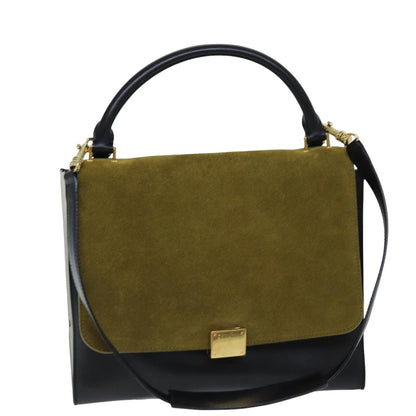 Luxury CELINE Trapeze Hand Bag Suede Leather 2way Black Khaki  76216
