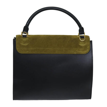 Luxury CELINE Trapeze Hand Bag Suede Leather 2way Black Khaki  76216