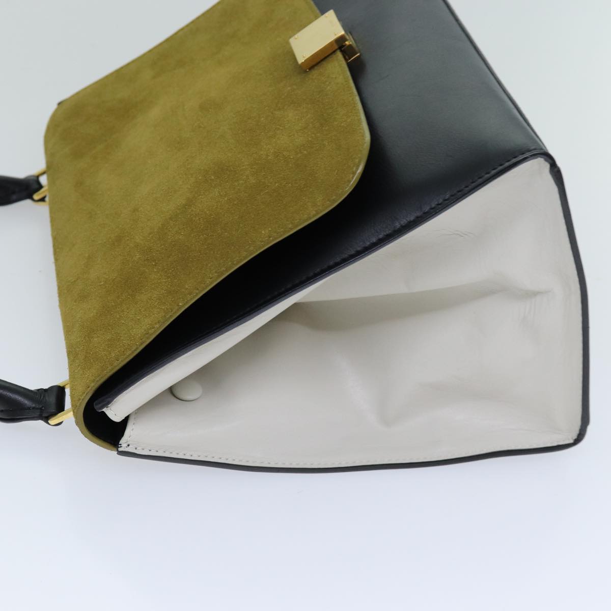Luxury CELINE Trapeze Hand Bag Suede Leather 2way Black Khaki  76216