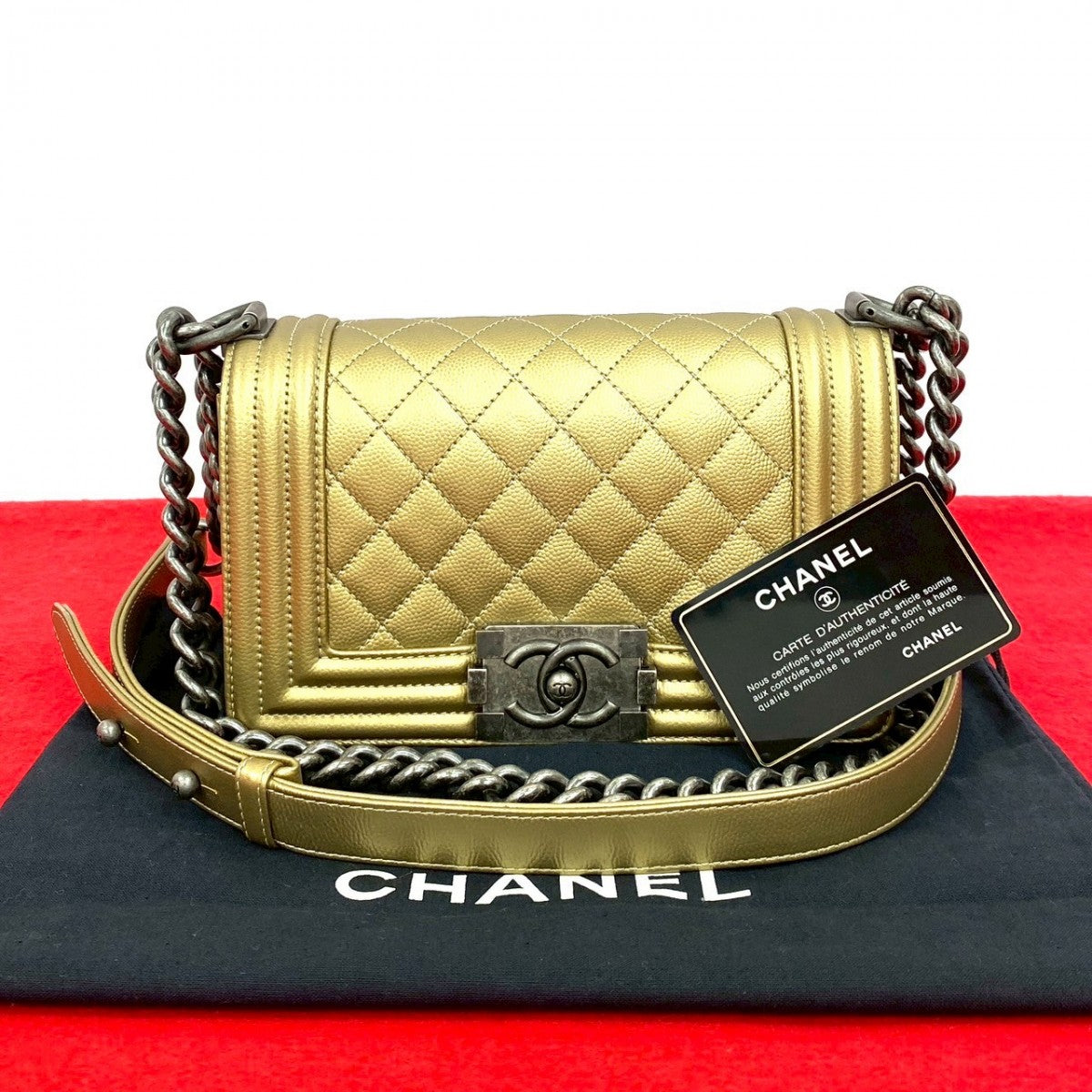 CHANEL Shoulder Bag Matt caviar skin gold Boy chanel