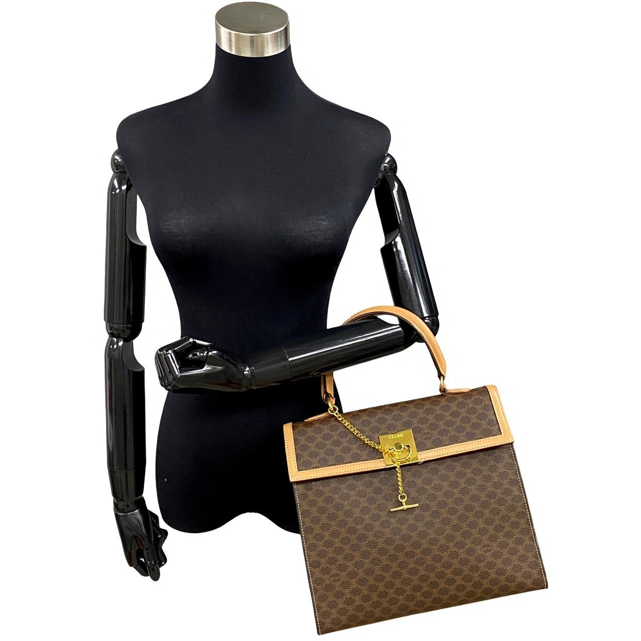 CELINE Handbag Leather, PVC Brown Macadam Blason Triomphe logo ring Metal Women