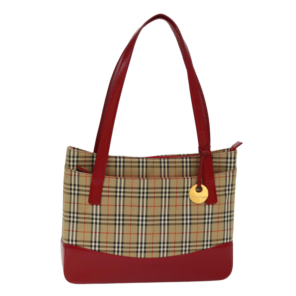 Luxury Burberry Nova Check Tote Bag Canvas Leather Beige Red Auth 77506