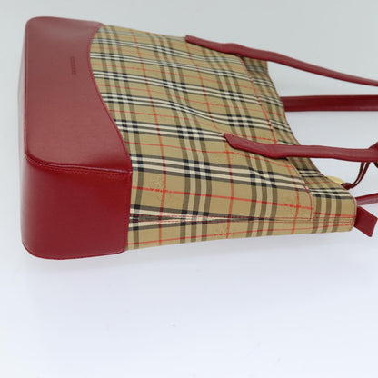 Luxury Burberry Nova Check Tote Bag Canvas Leather Beige Red Auth 77506