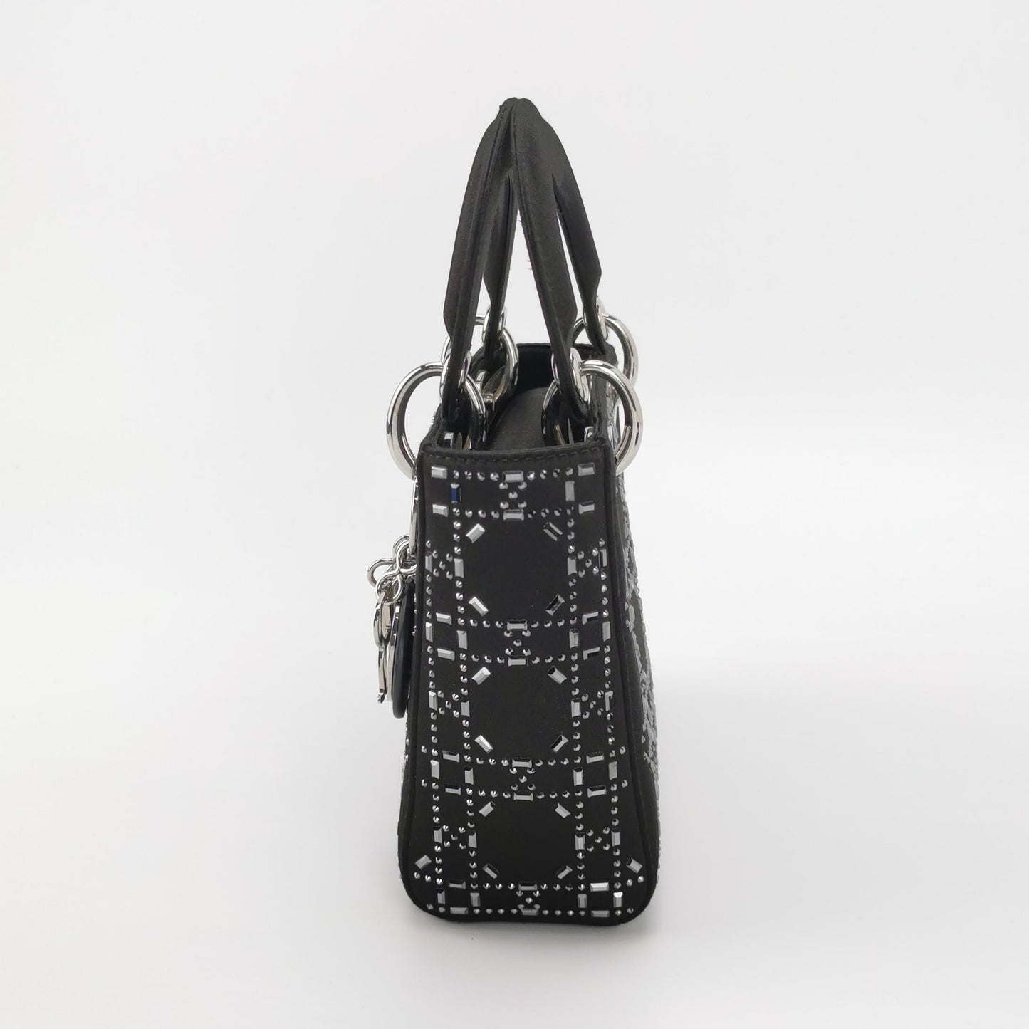 Lady Dior Mini Black Silk with Crystals Silver Hardware
