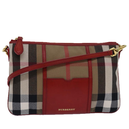 Luxury Burberry Nova Check Shoulder Bag Canvas Leather Red Beige Auth 77800