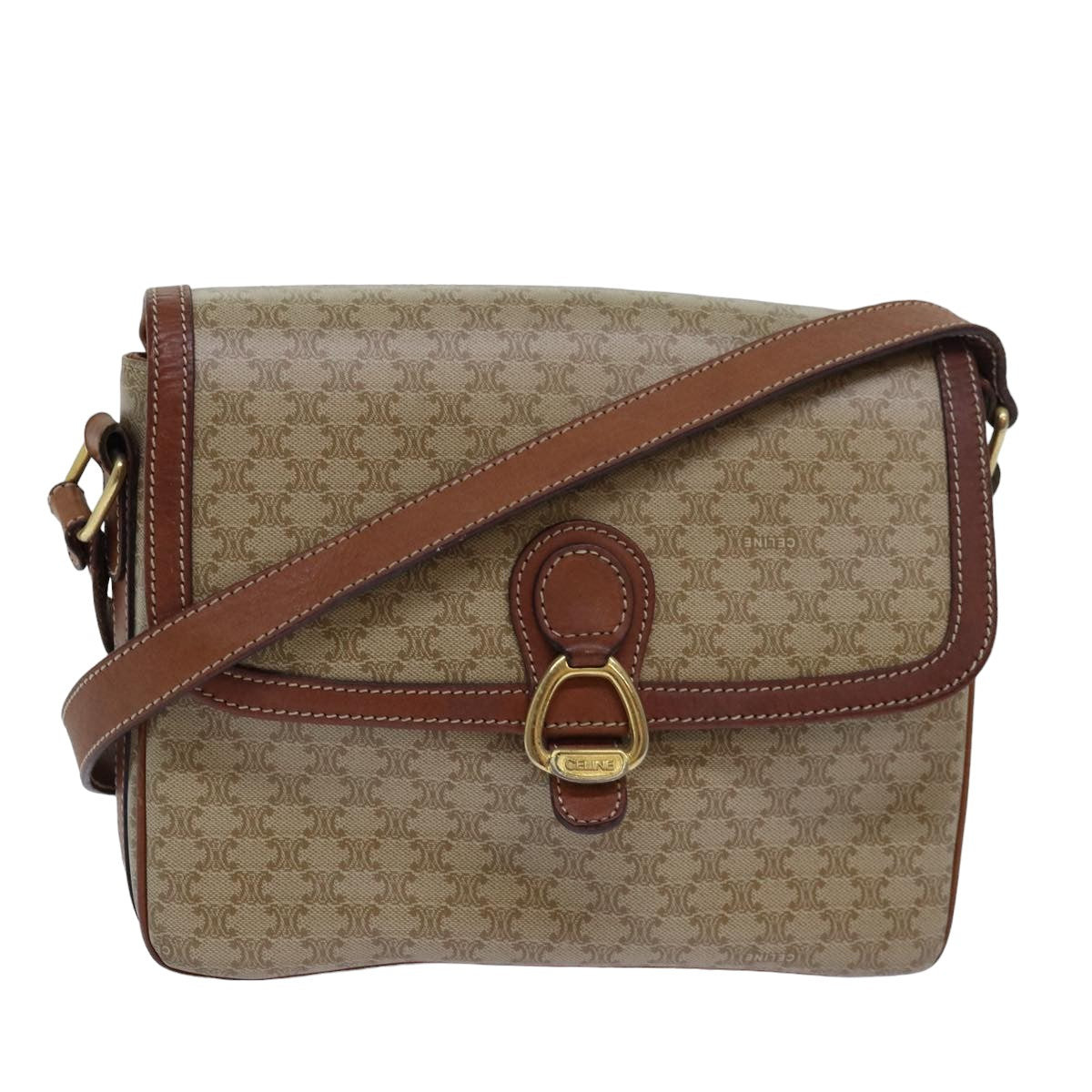 Luxury CELINE Macadam Canvas Shoulder Bag PVC Leather Beige  77809