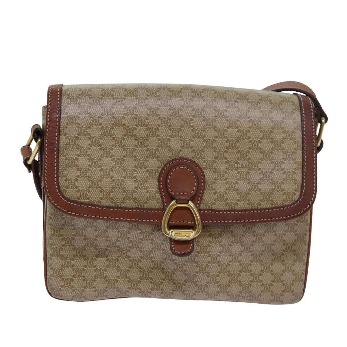 Luxury CELINE Macadam Canvas Shoulder Bag PVC Leather Beige  77809