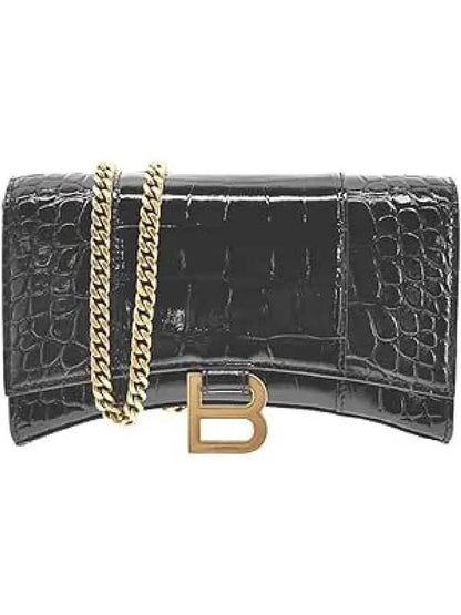 Luxury Balenciaga Trending 2025 Hourglass Chain Crocodile Embossed Calfskin Medium Wallet Black