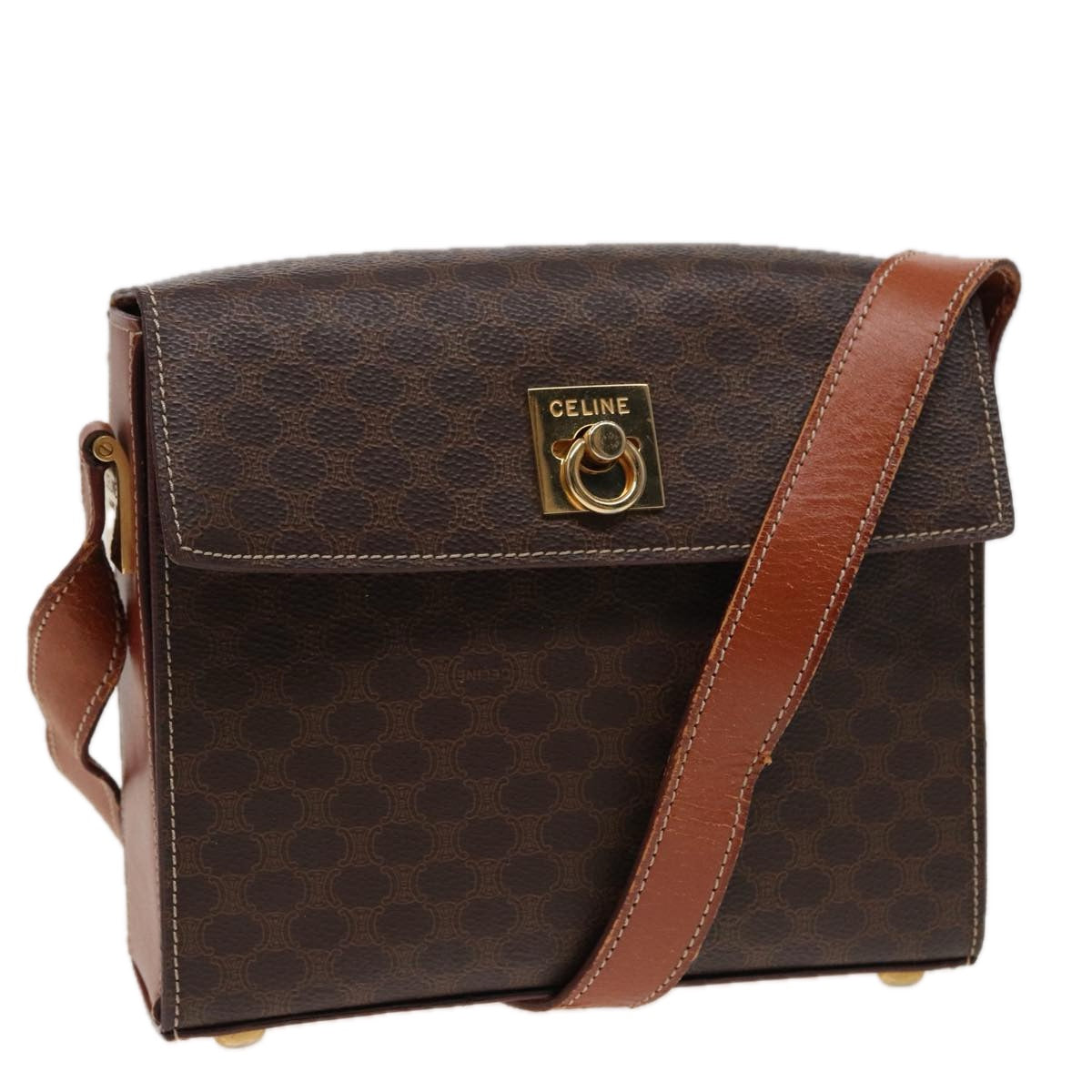 Luxury CELINE Macadam Canvas Shoulder Bag PVC Leather Brown  78221