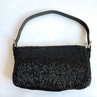 Fendi Baguette Vintage Black Glitter Beads Shoulder Bag Blue Silk Interior