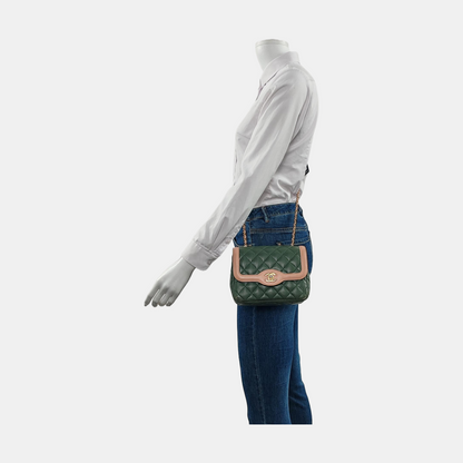 Chanel Mini Flap Green Lambskin Pink Edges Crossbody Bag