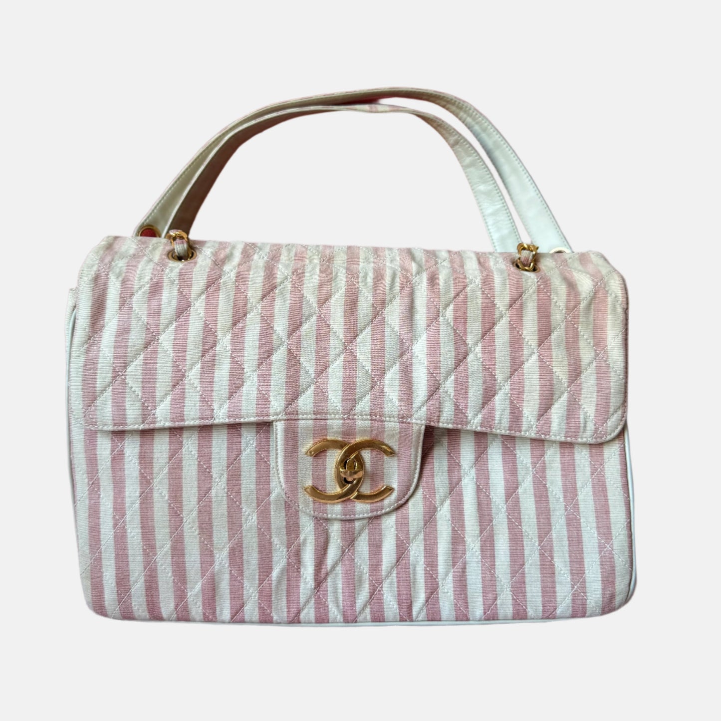 Chanel Vintage XXL Maxi Pink Striped Travel Flap Bag Canvas Gold Hardware