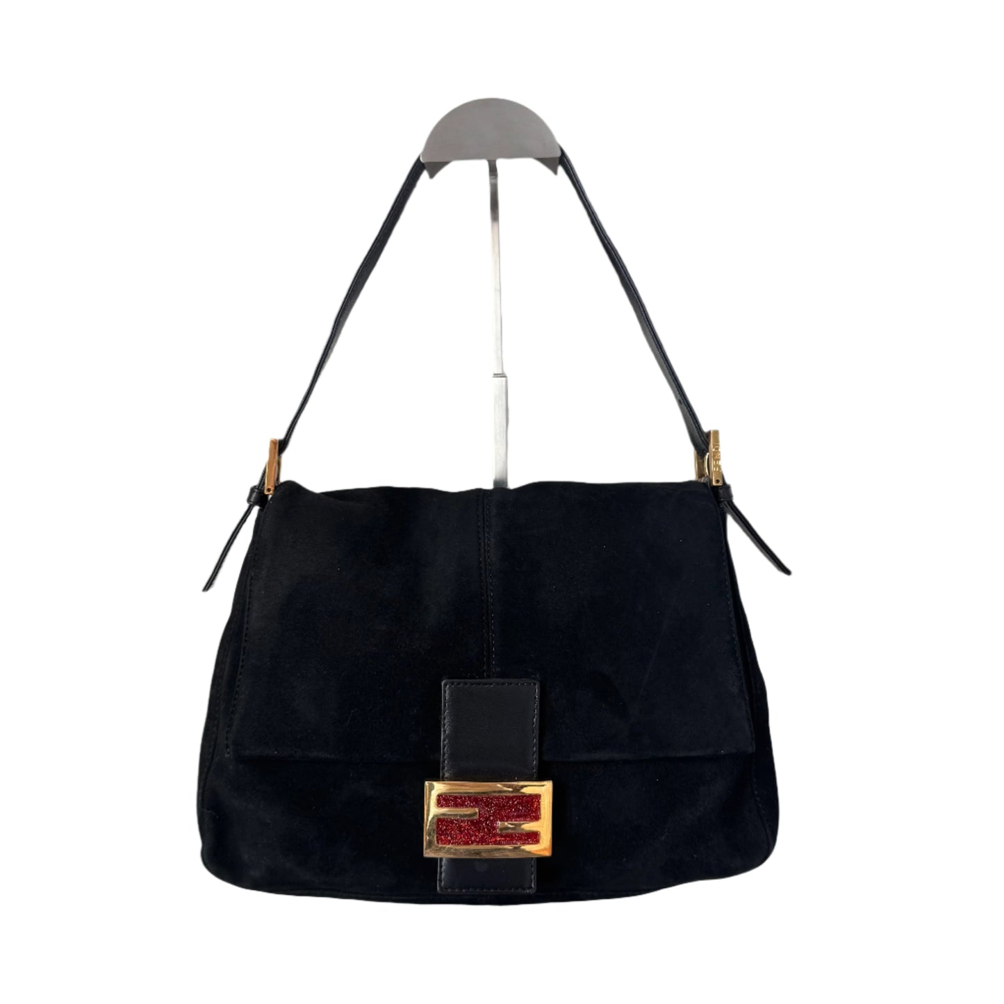 Fendi Mamma Baguette Black Suede Leather Red Buckle