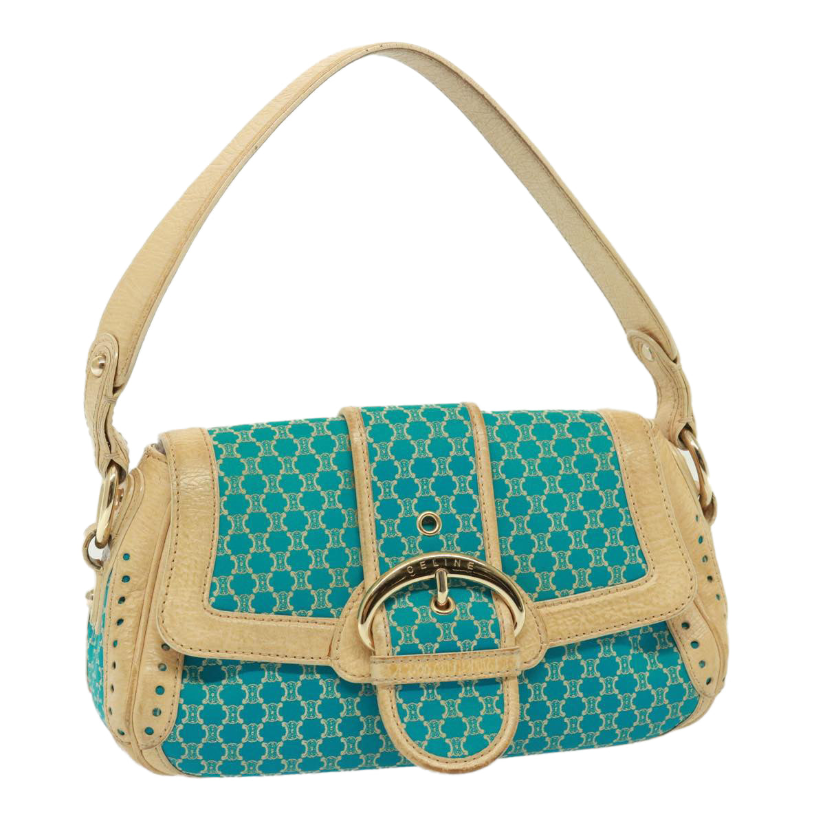 Luxury CELINE Macadam Canvas Shoulder Bag Turquoise Blue  79101