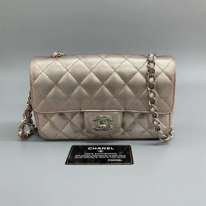 Chanel Classic Flap 2016 Pink Metallic Pixel Effect Calfskin Leather Mini Crossbody Bag