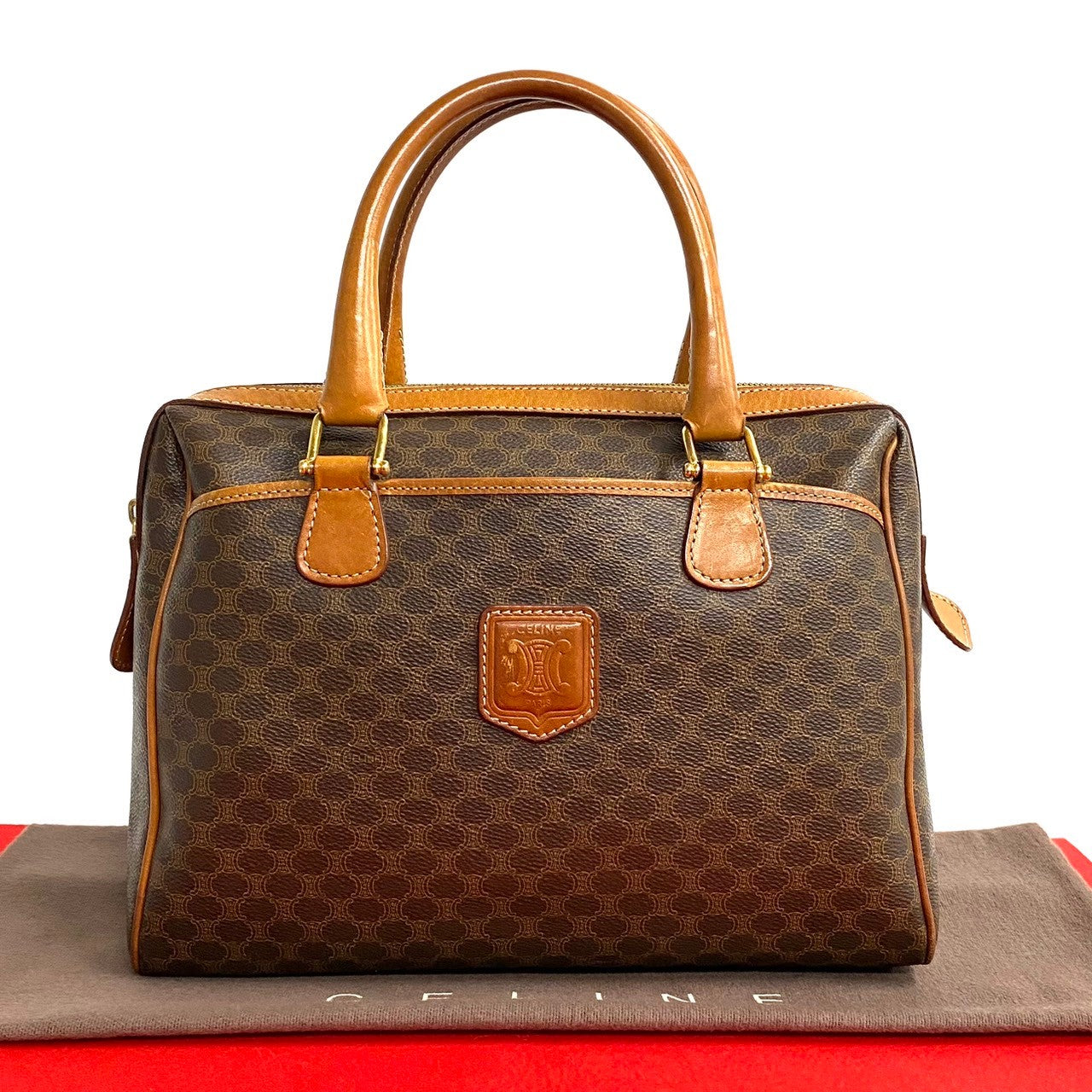 CELINE Boston Duffel bag Leather, PVC Brown Macadam Blazon Pattern Triomphe logo Women(Unisex)