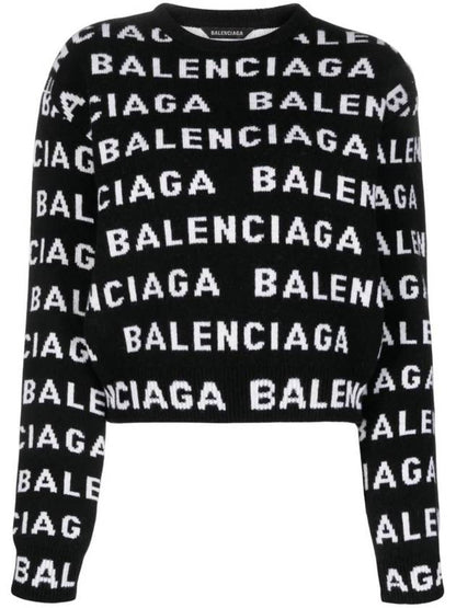 Luxury Balenciaga Trending 2025 Intarsia All-Over Logo Crew Neck Knit Top Black
