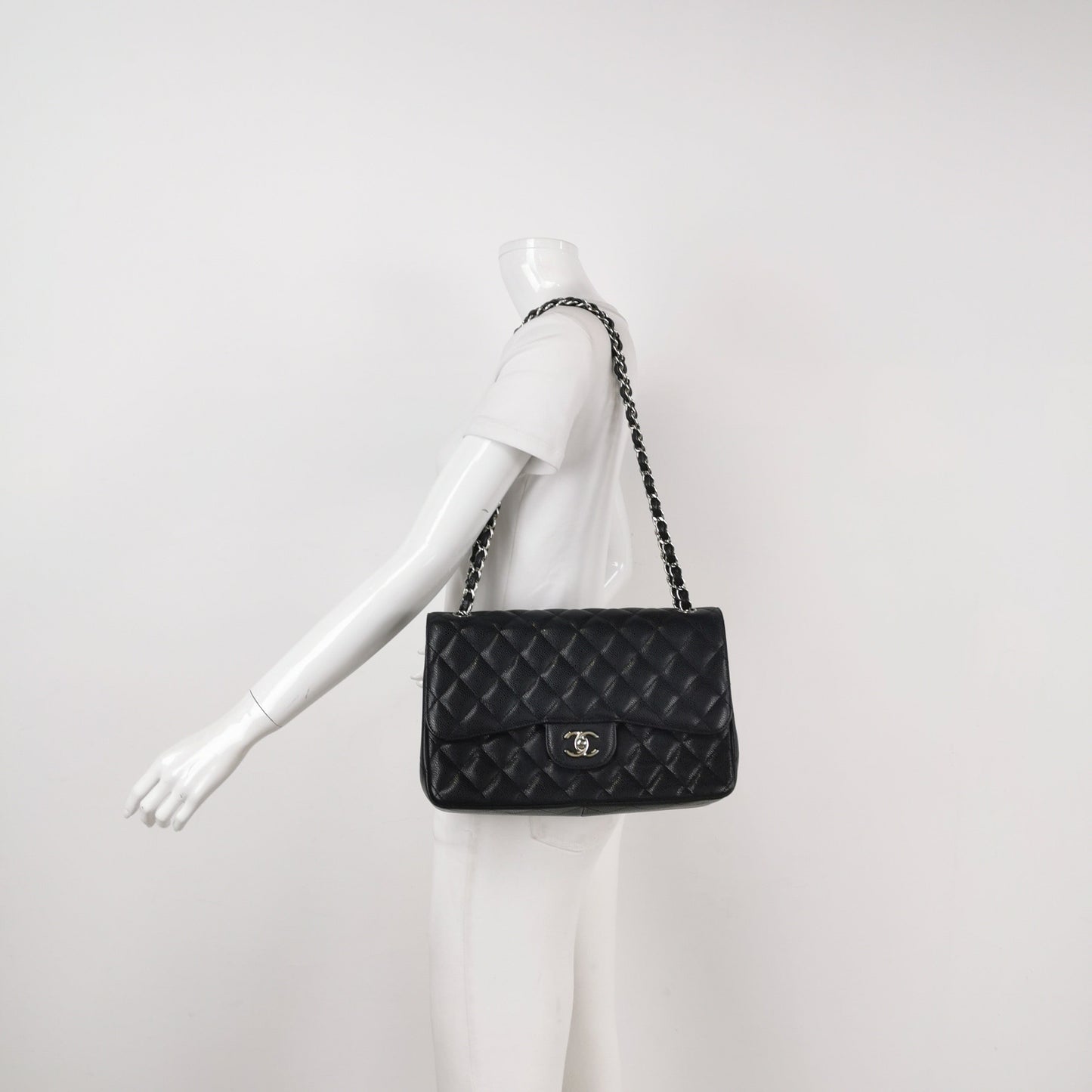 Chanel Classic Flap Jumbo Black Caviar Leather Double Flap Silver Hardware
