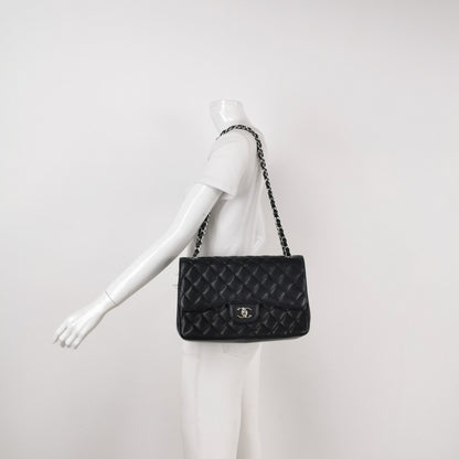 Chanel Classic Flap Jumbo Black Caviar Leather Double Flap Silver Hardware