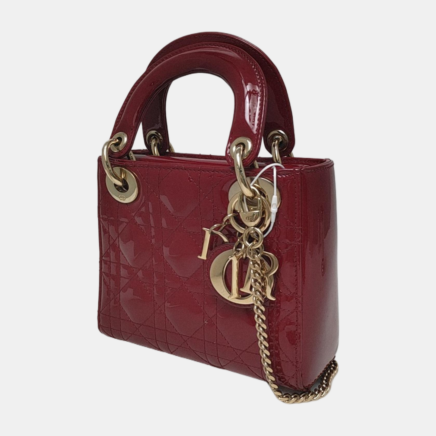Lady Dior Mini Handbag Burgundy Red Patent Leather Gold-tone Chain Strap