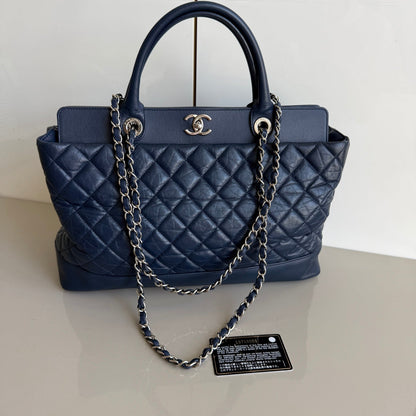 Chanel Tote Quilted Navy Leather Top Handle and Silver Chain Straps