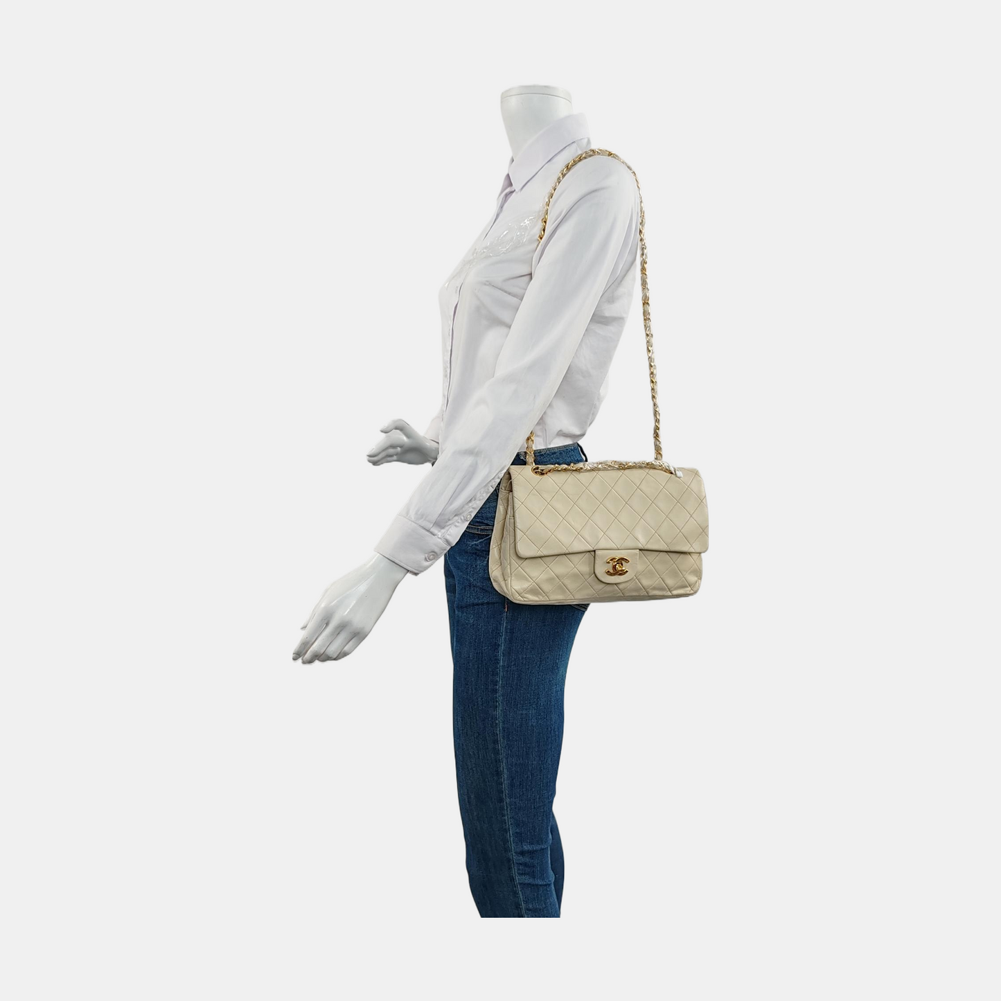 Chanel Classic Flap Medium Light Beige Lambskin Leather with Gold Hardware 1991-1994