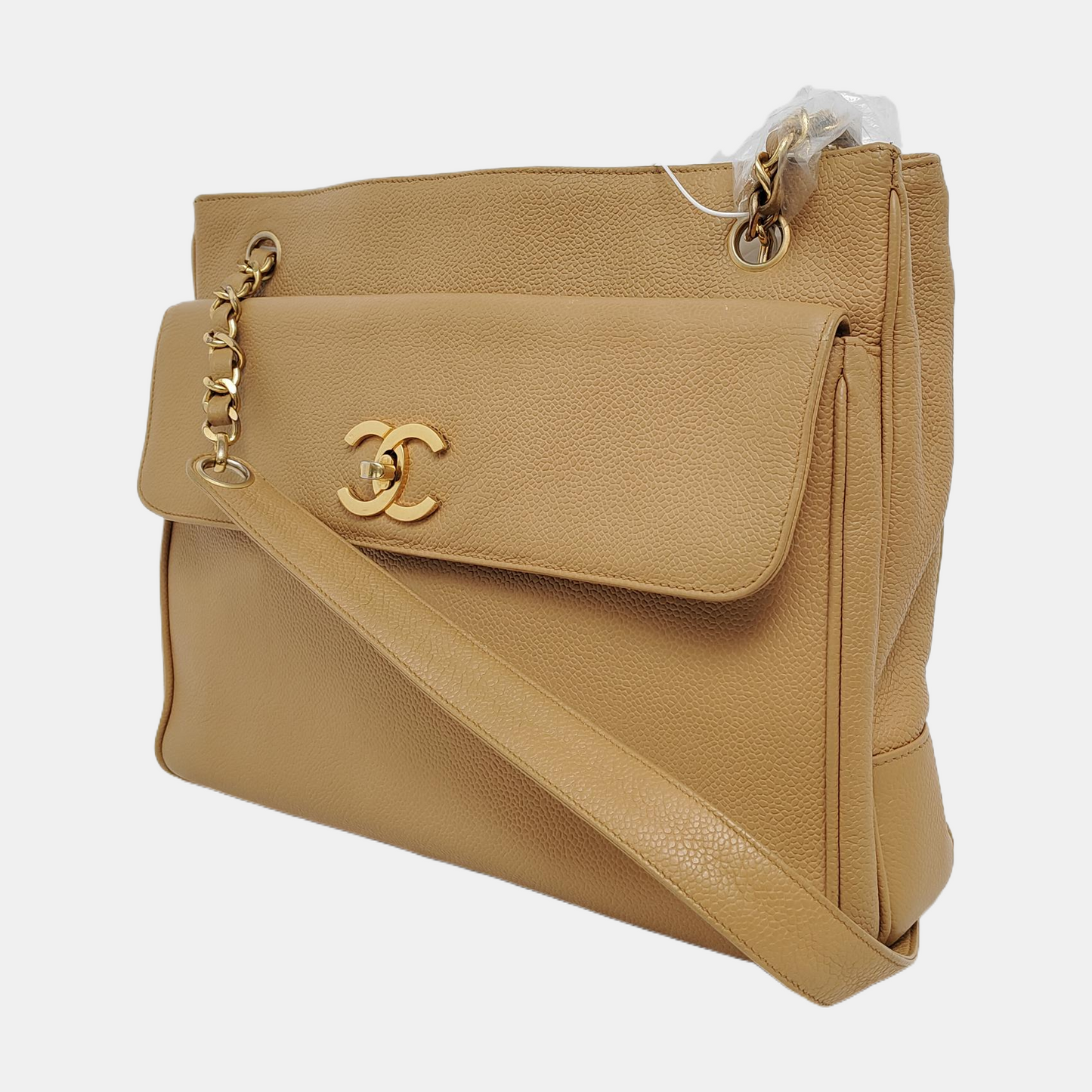 Chanel Vintage Front Pocket Tote Beige Caviar Leather Double Gold Chain