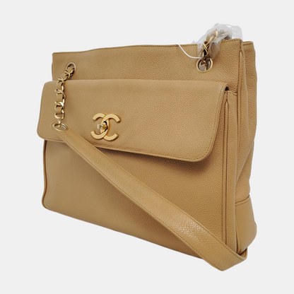 Chanel Vintage Front Pocket Tote Beige Caviar Leather Double Gold Chain