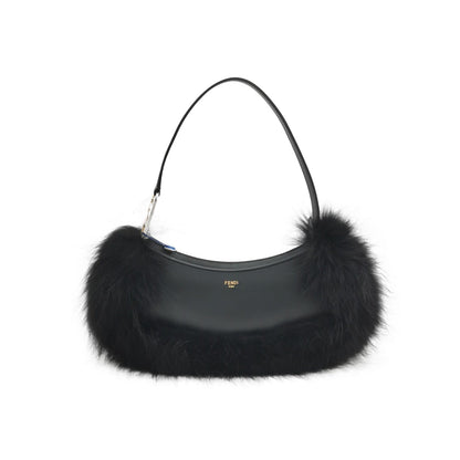 FENDI O Lock Black Leather and Faux Fur Shoulder Bag